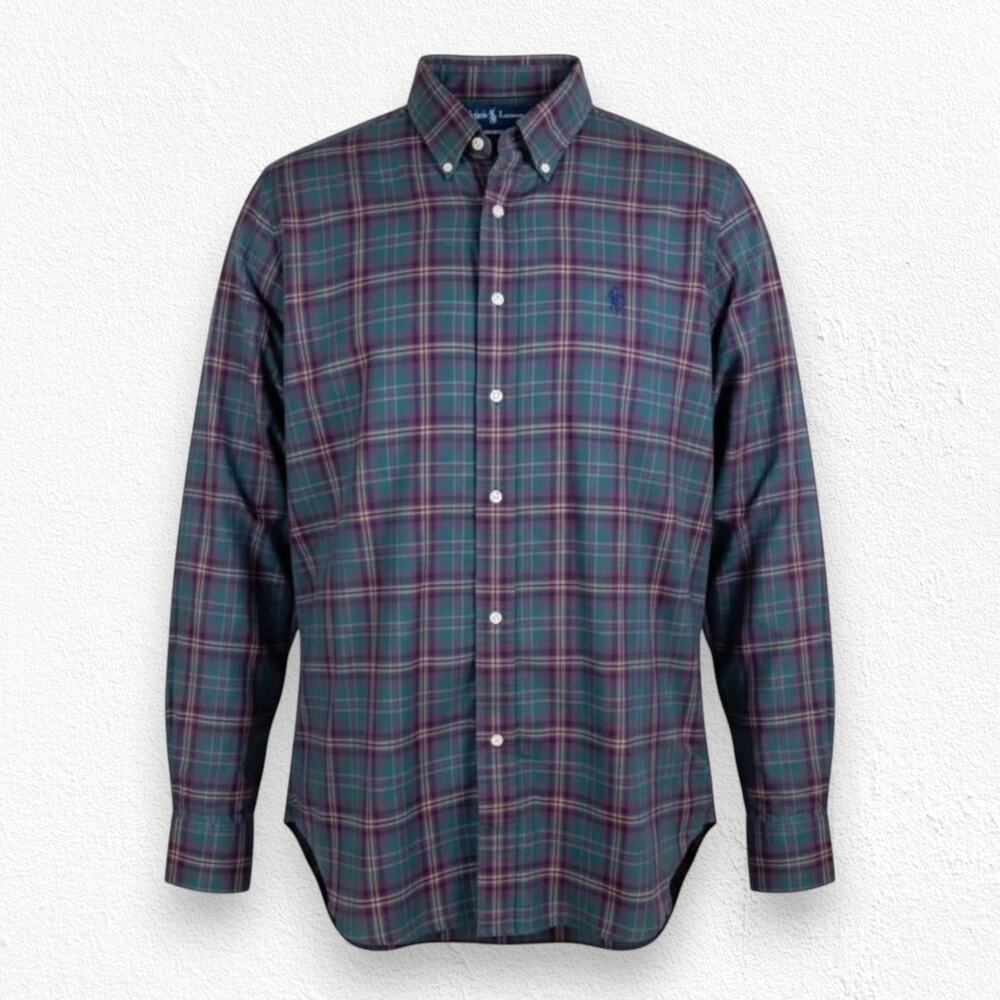 Vintage 90s Ralph Lauren Green Red Plaid Classic Fit Button Down Shirt Size XL